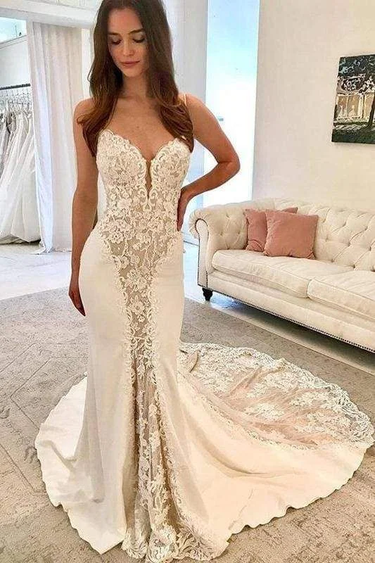 Hot Picks Ivory Satin Gorgeous Lace Spaghetti Strap Vintage Mermaid Wedding prom Dress    cg12795