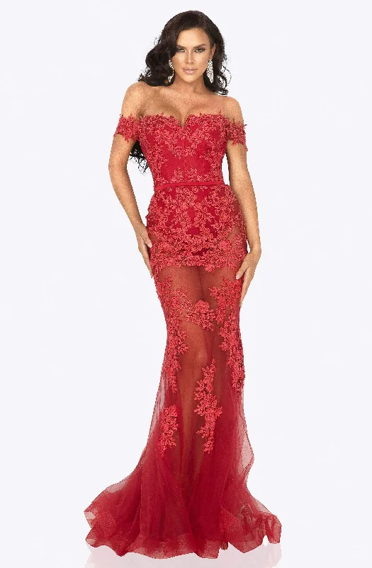 The Good Stuff Terani Couture - 2012P1471 Floral Embroidered Off-Shoulder Dress