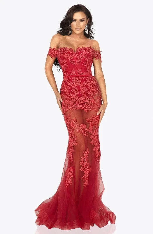 Fashion Sale Terani Couture - Off Shoulder Floral Prom Dress 2012P1471 - 1 pc Red In Size 4 Available