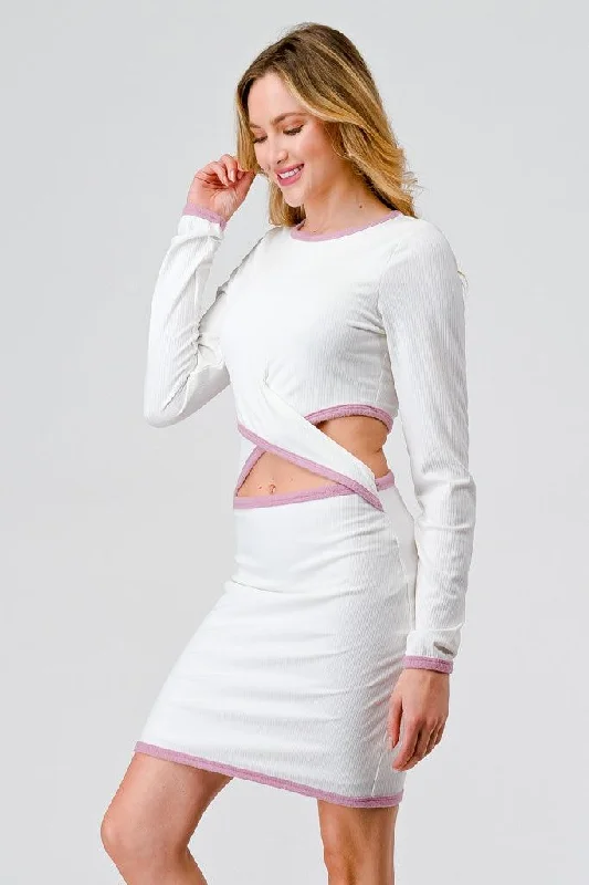 Special Offers, Don't Miss Ivory & Pink Ribbed Long Sleeve Cut-Out Criss-Cross Front Mini Dress /1-2-1-1