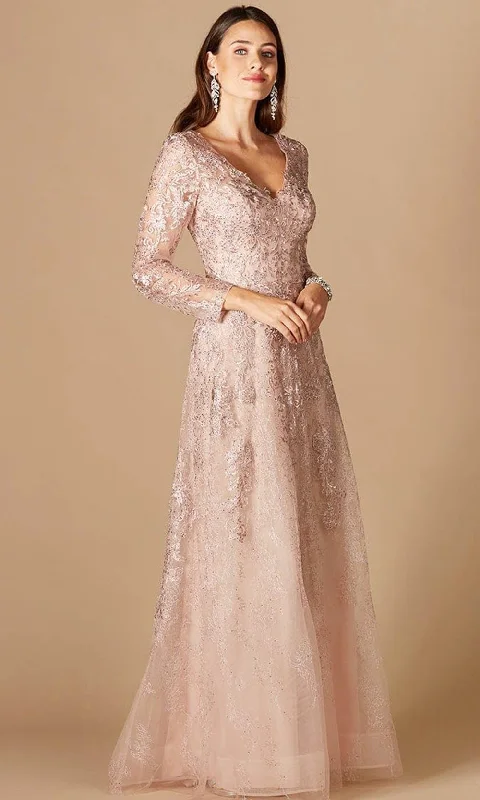 Chic Style, Always In Vogue Lara Dresses 29326 - Floral Laced Plunging V Neck Long Sleeve Gown