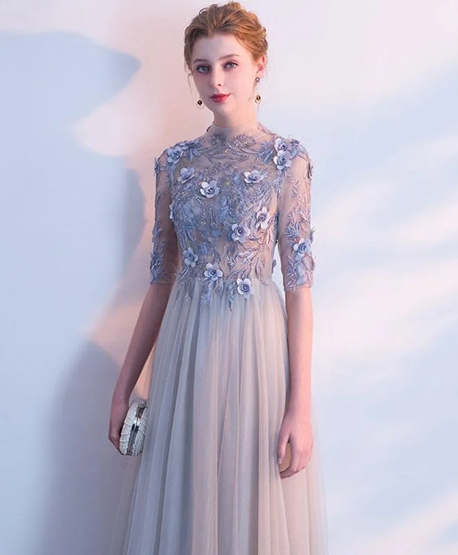 Affordable Luxury Fashion Light Grey Tulle Long Lace Applique Flowers Wedding Party Dresses, A-Line Tulle Evening Dress Prom Dress   cg22376