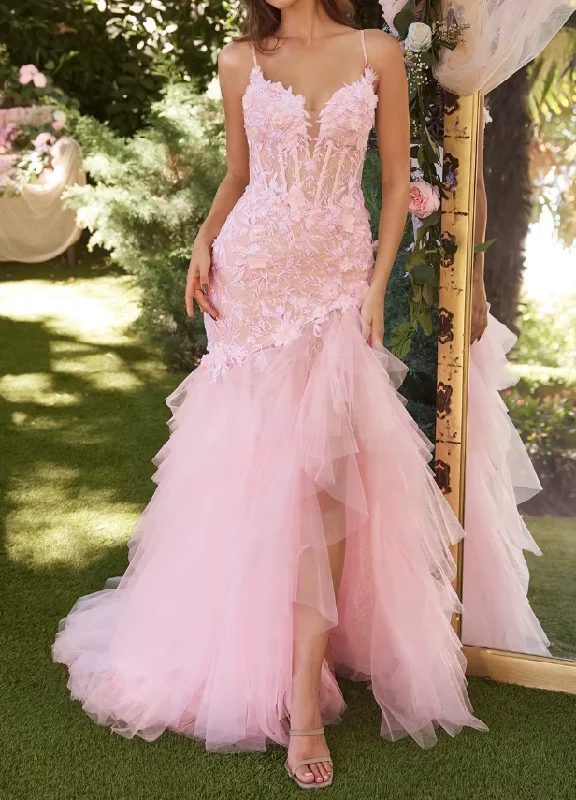 Chic And Trendy Sexy Mermaid Pink Wedding Dress,Lace Prom Party Gown with Slit PL5120