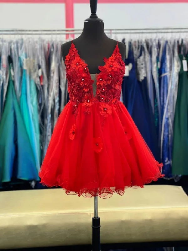 Limited Time Offer Stella Couture 22753 Size 8 Red Short Fit & Flare 3D Floral Lace Cocktail Homecoming Dress V Neck