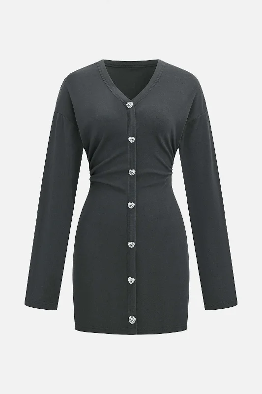 Elegant Style Button V-Neck Long Sleeve Mini Dress