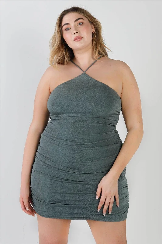 Flash Sale Plus Size Sage Ruched Back Lace Down Mini Dress /2-2-2