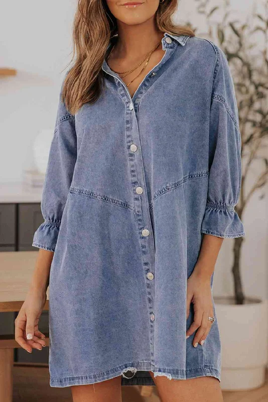 Casual Fashion Collared Neck Flounce Sleeve Denim Mini Dress