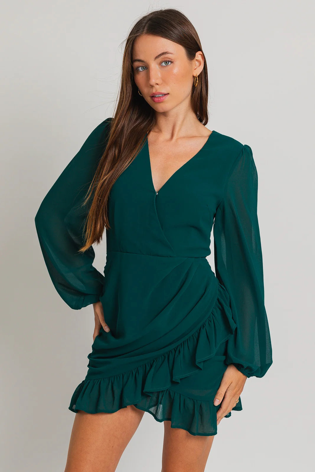 Vibrant Style Promotions Ruffle Ruched Detail Wide Sleeve Chiffon Mini Dress