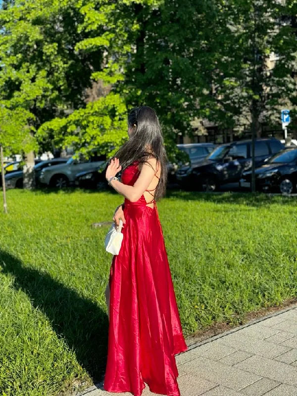 Ride The Style Wave Cheap A Line Spaghetti Straps Red Backless Long Prom Dresses Wedding Guest Dress C3048