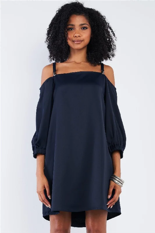 Limited Time Offers Silky Navy Blue Off-The-Shoulder Balloon Midi Sleeve Relaxed Fit Mini Dress