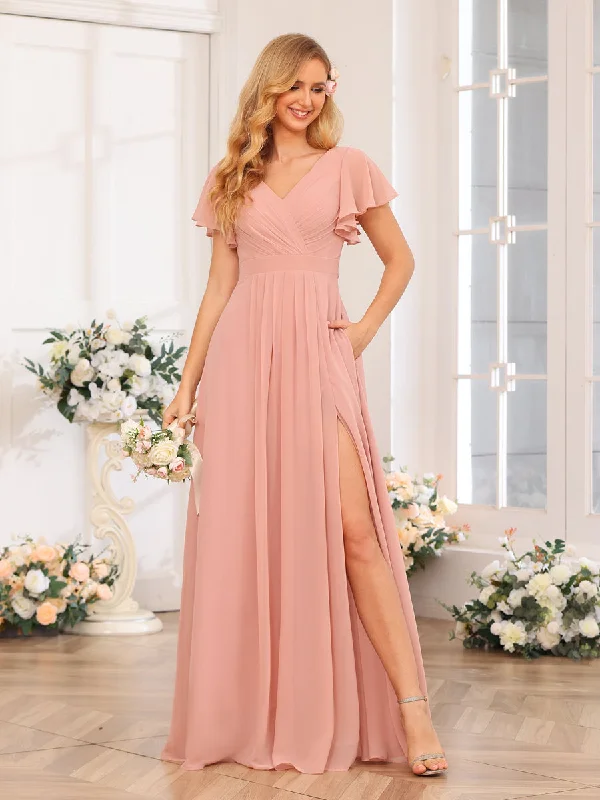 Fashion Forward A-Line/Princess V-Neck Long Wedding Party Dresses with Split Side & Pockets