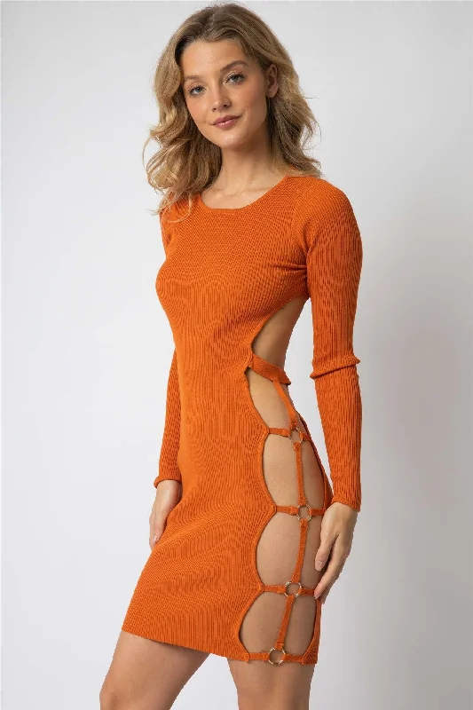 New Arrivals Orange Knit Side Cut-Out Open Back Mini Dress