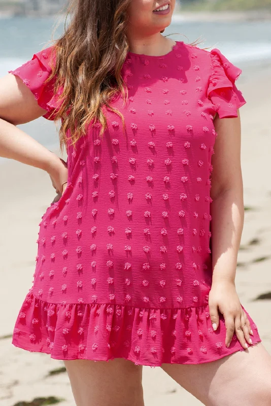 High-End Style Discounts Strawberry Pink Plus Size Swiss Dot Short Ruffle Sleeve Mini Dress