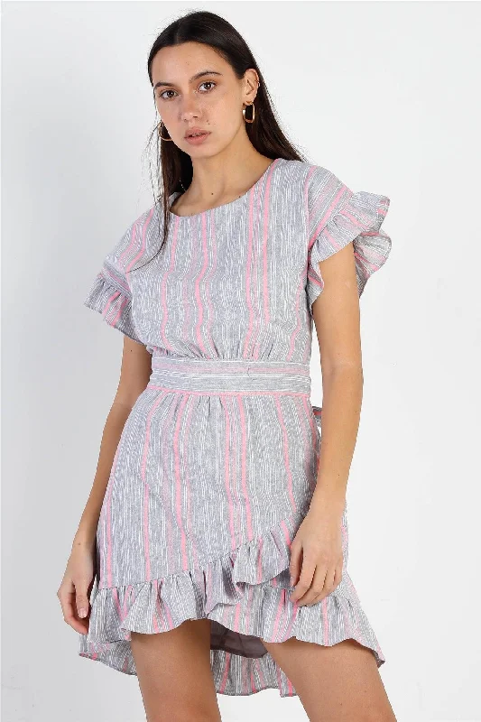 Budget Friendly Striped Ruffle Sleeve Flare Hem Self Tie Mini Dress