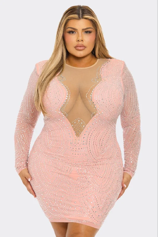 Chic Style Discounts Bella Rhinestone Embellished Long Sleeve Plus Size Mini Dress