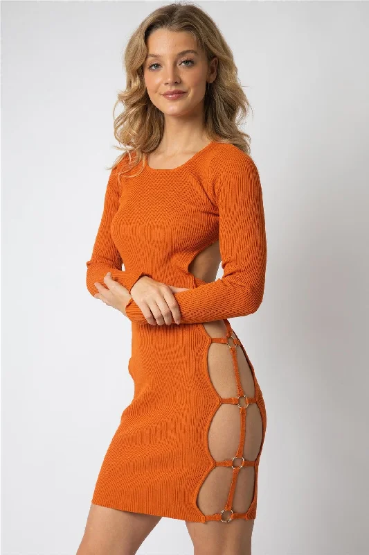 Best Sellers Orange Knit Gold Accent Ring Open Back Mini Dress