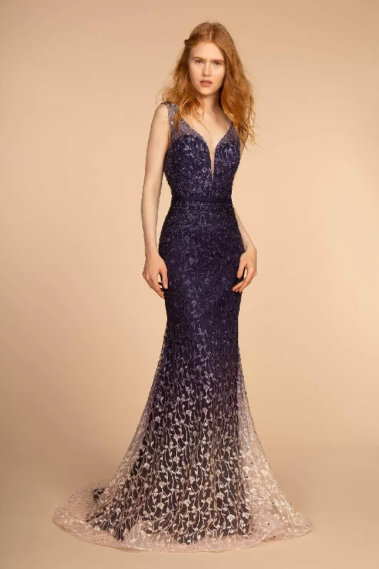 Hot Styles GLS by Gloria - Trailing Floral Ombre Mermaid Gown GL2556 - 1 pc Navy Purple In Size S Available