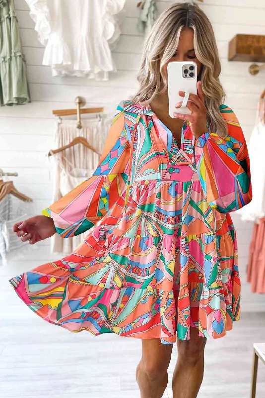 Trendy Street Style Printed Long Sleeve Tie Neck Mini Dress