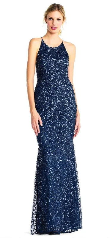 Best Deals Of The Season Adrianna Papell - Cross-Stringed Back Sequined Halter Gown AP1E202438 - 1 pc Deep Blue In Size 16 Available