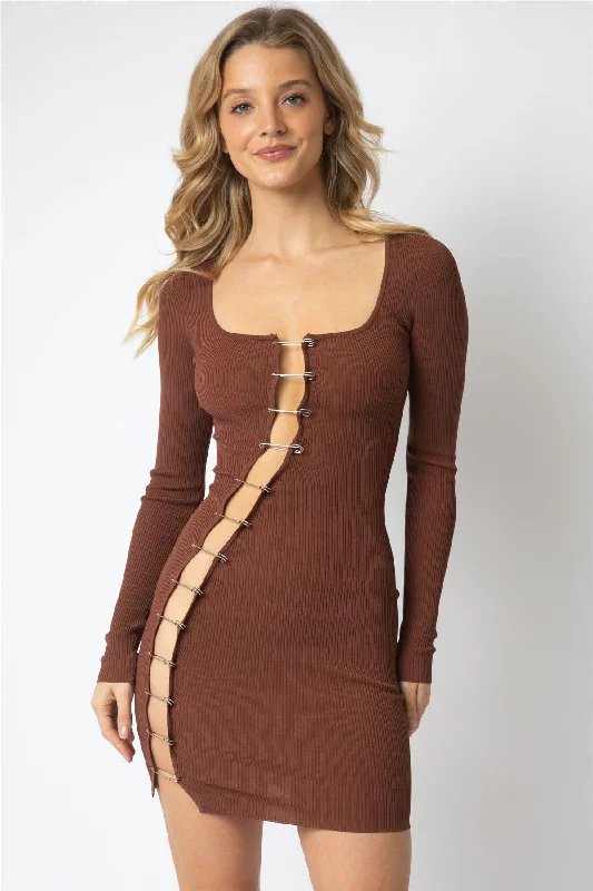 Browse Our Top Products Cocoa Knit Cut-Out Large Pin Detail Mini Dress