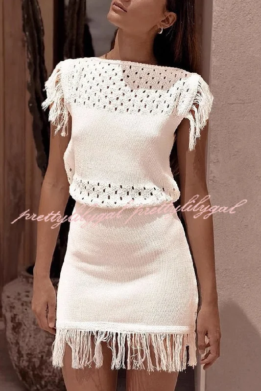 Urban Elegance Deals Fashionable Tassel Sexy Hollow Knitted Mini Dress