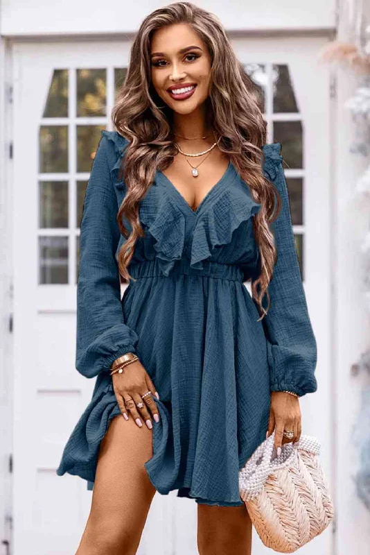 Relaxed Style Ruffle Trim V-Neck Long Sleeve Mini Dress