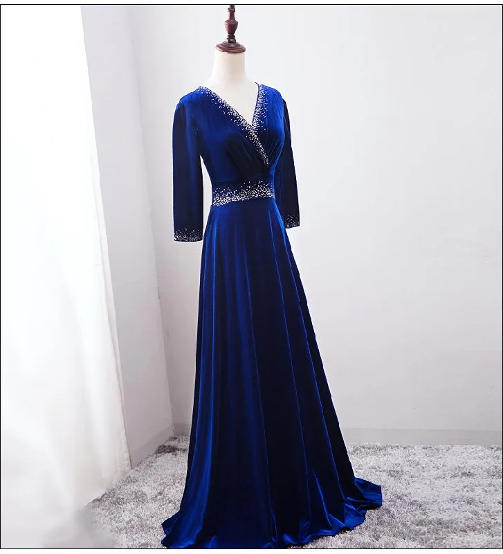 Flash Sales Beautiful Royal Blue Beaded Long Sleeves Wedding Party Dress, Blue Prom Dress   cg12835