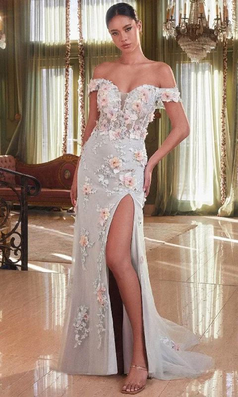 Shop The Hottest Deals Cinderella Divine CD005 - Off-Shoulder with 3D Floral Corset Bodice Prom Dress