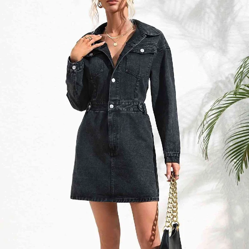 Latest Fashion Buttoned Collared Neck Denim Mini Dress