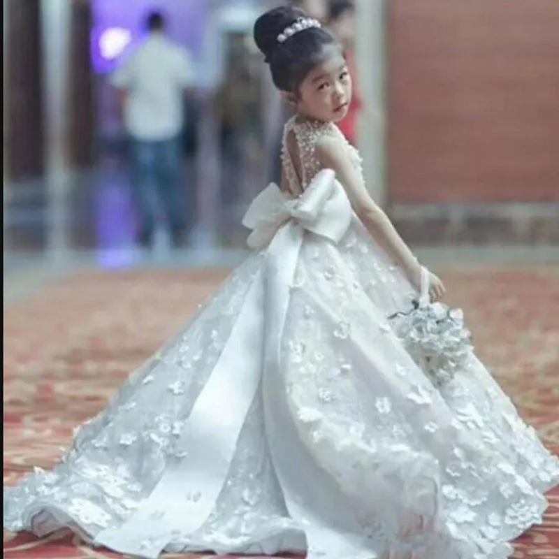 Special Offer For You Sweet White Flower girl dresses with Bowknot for Weddings Little Girl Party Gown