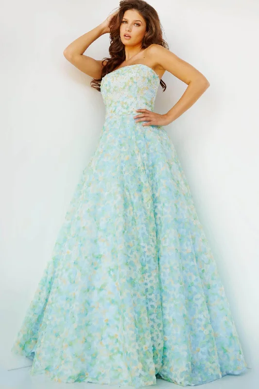 Limited Stock Jovani 09765 - Strapless Floral A-Line Prom Dress