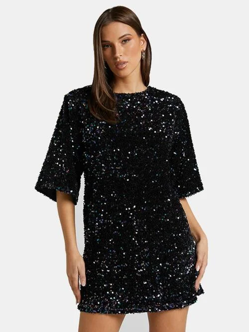 Summer Fashion Sequin Tie Back Half Sleeve Mini Dress