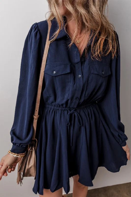 Limited Time Flash Sale Navy Blue Solid Chest Pockets Tunic Shirt Mini Dress