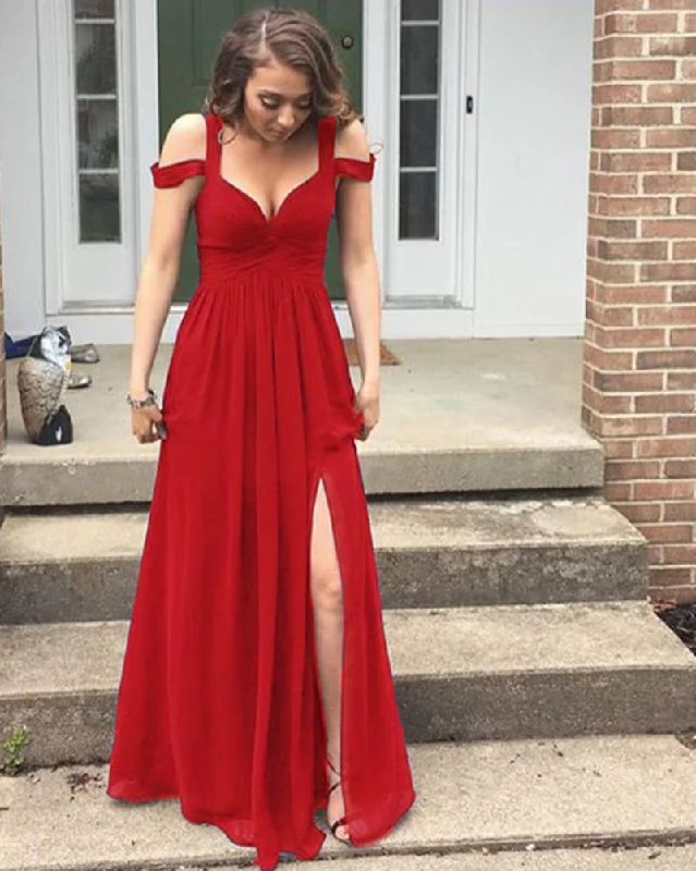 Trend Alert Elegant Off the Shoulder Summer Navy Blue /Red Chiffon Evening Long Dress,Chiffon Wedding Party Gown PL0707