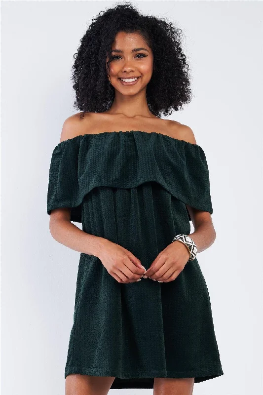 Hurry Before It'S Gone Forest Green Velvet Hounds Tooth Print Off The Shoulder Mini Dress