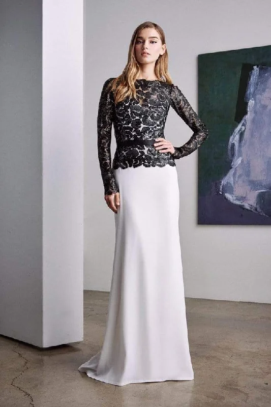 Modish Fashion Discounts Tadashi Shoji - Long Illusion Floral Lace Sheath Gown - 1 pc Platinum/Navy In Size 6 Available