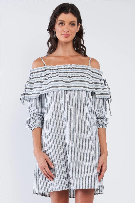 Exclusive Deals Online Blue&Black Loose Fit Striped Off-The-Shoulder Long Sleeve Ruffle Hem Mini Dress