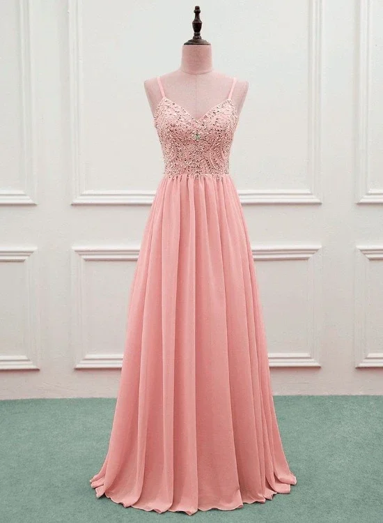 Feminine Style Promotions Pink Beaded Sweetheart Chiffon A-Line New Prom Dress, Pink Evening Gown Wedding Party Dress   cg20453