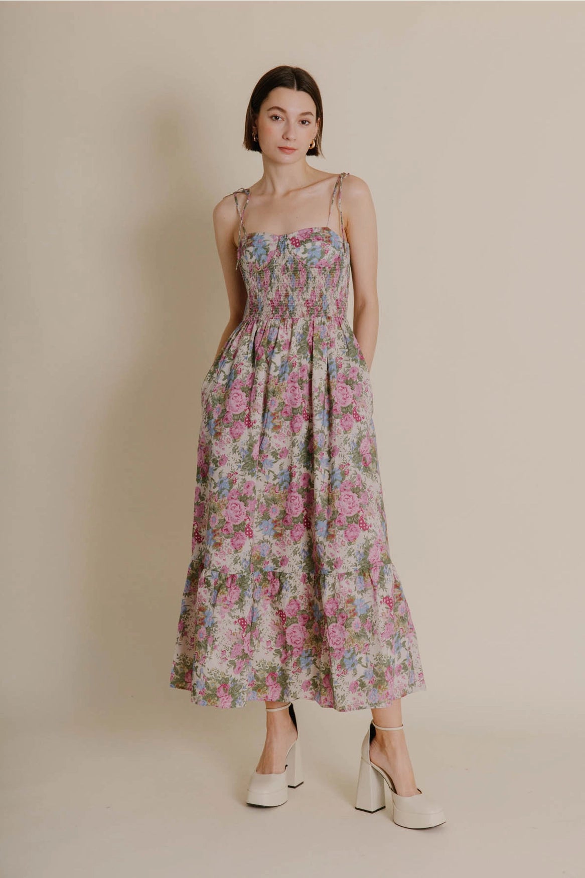 Casual Chic Smocked Bustier Dress in Floral Oyster