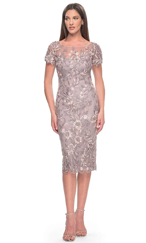 Sophisticated Street Style Offers La Femme 31775 - Short Sleeve Floral Lace Applique Knee-Length Dress