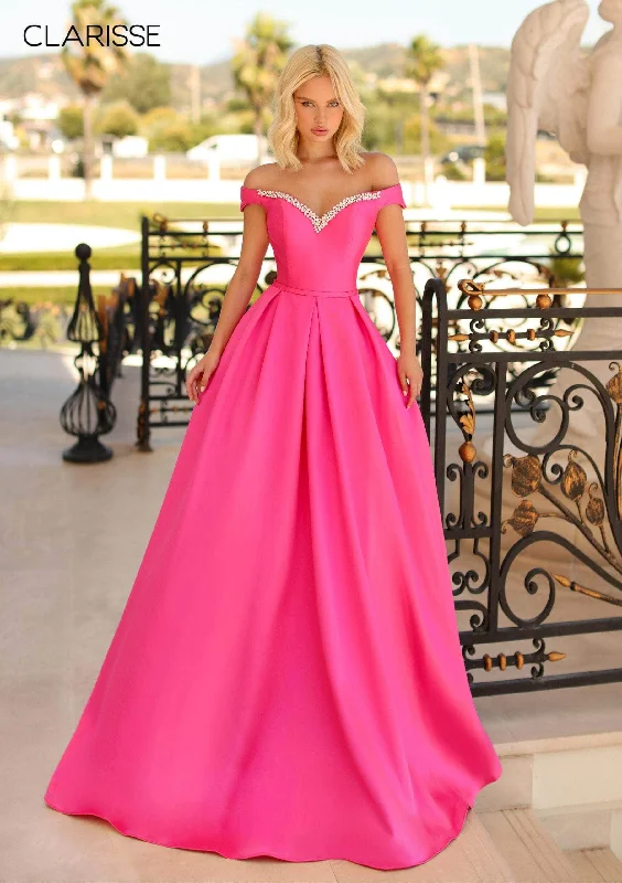 Buy More, Save More Clarisse - 8057 Off Shoulder Jeweled Crystal Neck Silk Gown