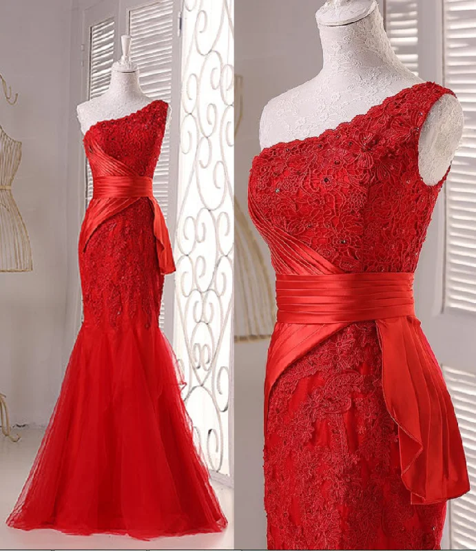 Trendy Fashion Sale Elegant One Shoulder Red Lace Mermaid Wedding Party Dress, Red Prom Dress 2021   cg15511