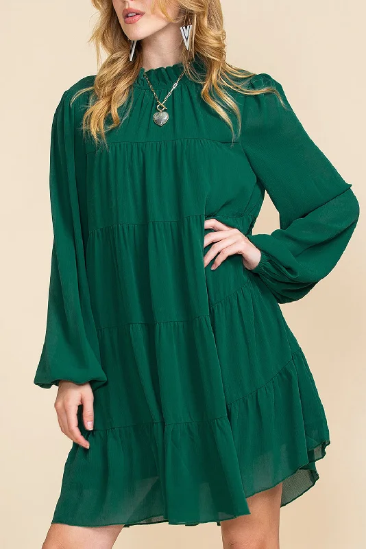 Classic Modern Offers Green Mock Neck Solid Color Pleated Mini Dress