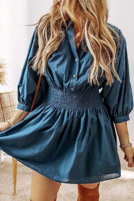 Seasonal Style Discounts Prussian Blue 3/4 Sleeve Shirred High Waist Buttoned Mini Dress