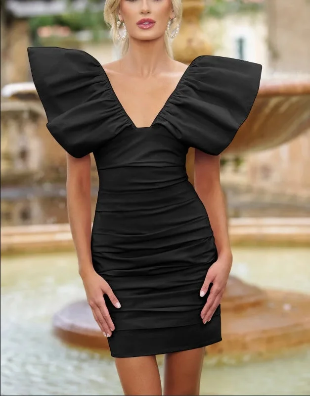 Must-Have Style Discounts Evening Dress V Neckline Ruched Fabric Big Flying Sleeve Mini Dress Black Formal Dress