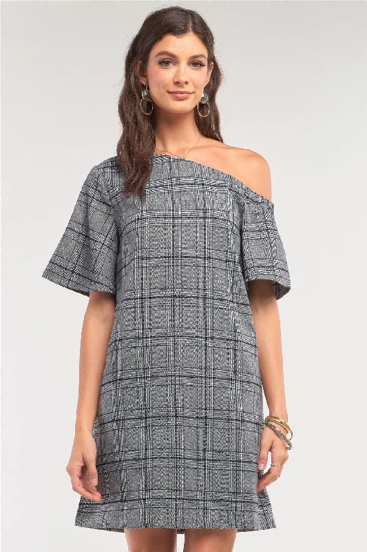 Essentials On Sale Grey Checkered One-Shoulder Relaxed Fit Mini Dress