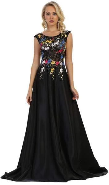 Edgy Fashion Deals May Queen - Cap Sleeves Floral Appliqued A-line Evening Gown RQ7587