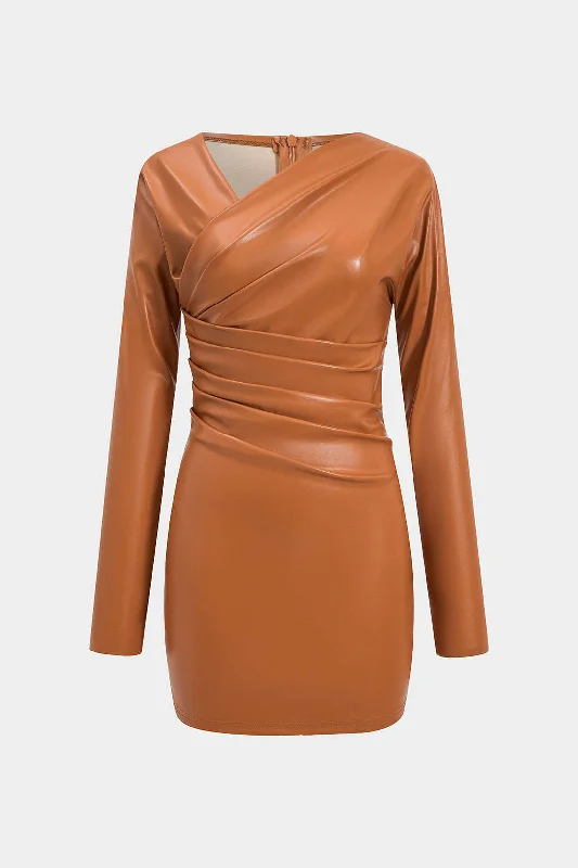 Limited Time Deal Faux Leather Ruched V-Neck Long Sleeve Mini Dress