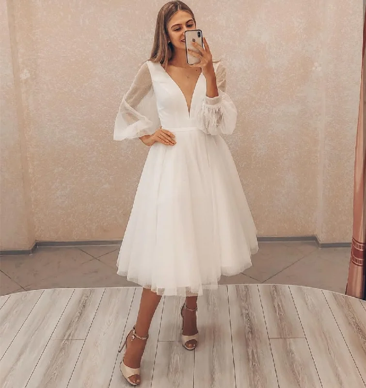 Inspired By You, Designed For You Roycebridal Lakshmigown Short Wedding Dress 2021 Long Puff Sleeve Simple Elegant V-Neck Knee Length Robe De Mariee Custom Made