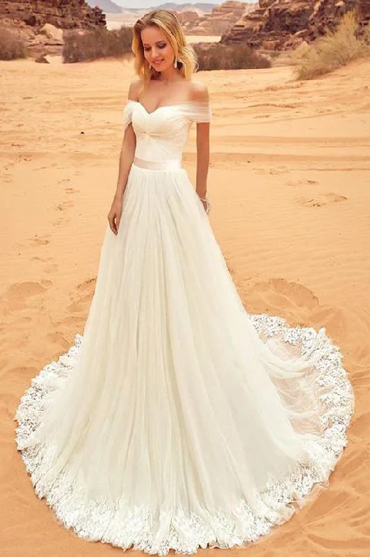 Romantic Chic Deals Roycebridal Fabulous White A-line Off Shoulder Tulle Wedding Dresses with Sweep Brush Train, MW235